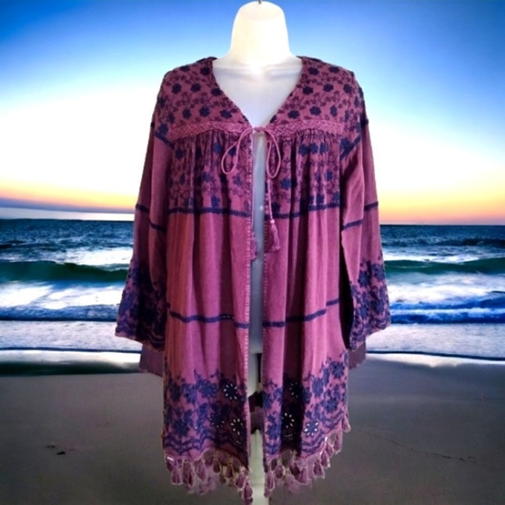 COVER UP TUNIC *INDIGO THREAD* Open Front Embroidered Acid Wash  New With Tags M
